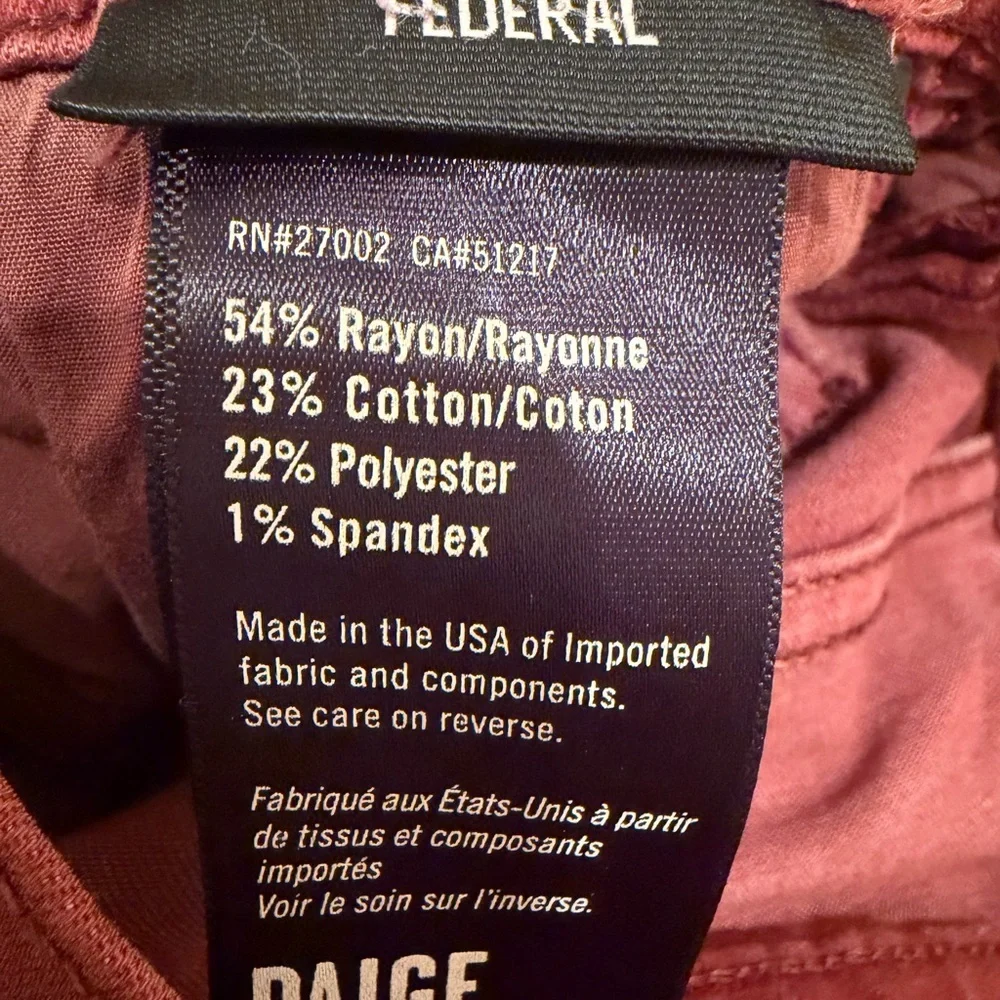 PAIGE Federal Slim Straight Jeans 31x33 Brick Red Made in USA